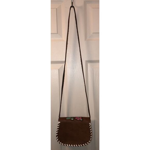 Purse Mexico Cross Body Brown Leather Floral Embossed 5.5 x 7 inches - Picture 3 of 10